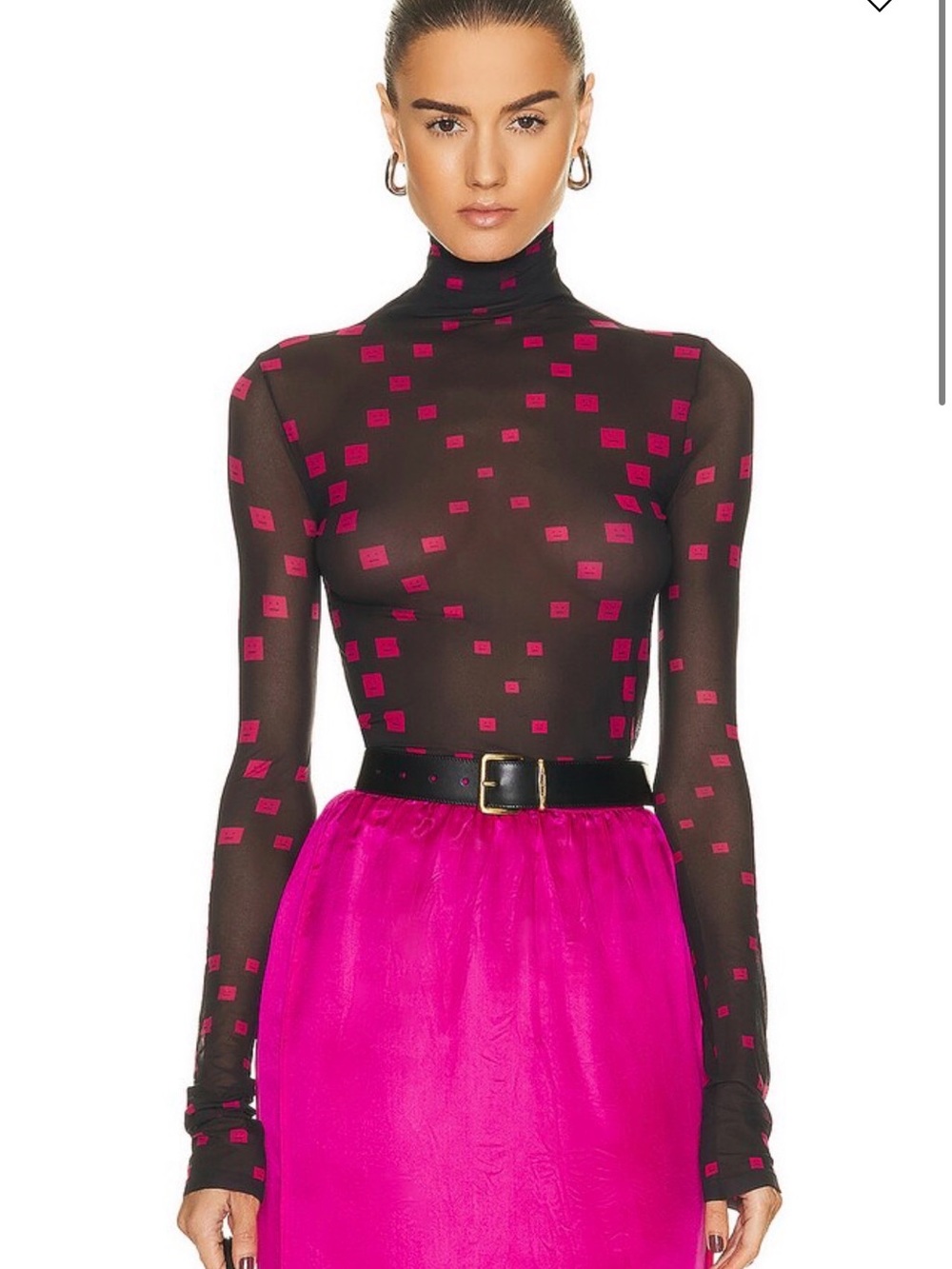 Acne Sheer Black Turtleneck with Hot Pink Square Print